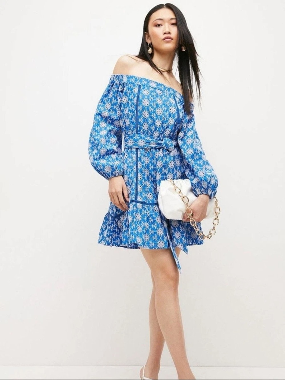 Karen Millen Petite Blue Embroidered Eyelet Off Shoulder Mini Dress Belted US 6